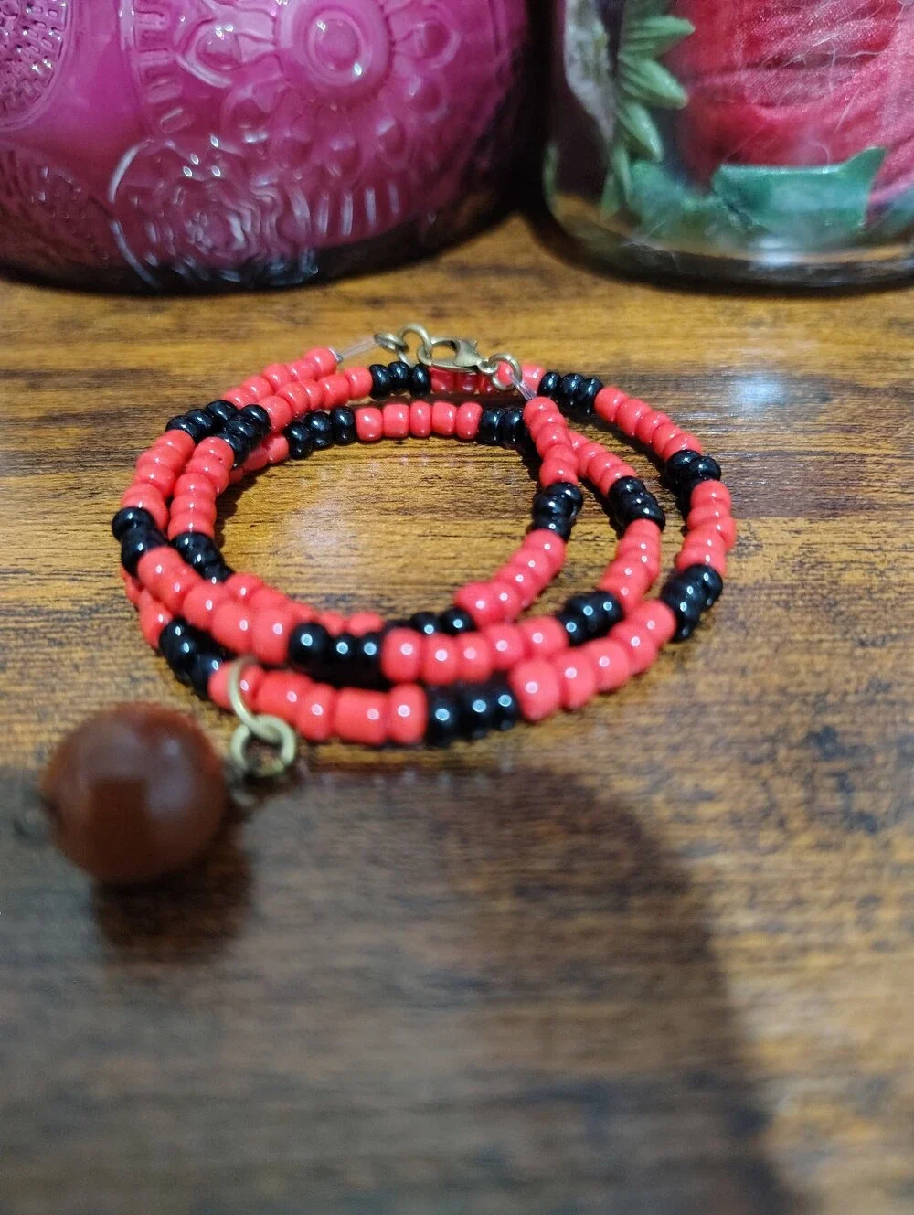 Red and Black Beaded Necklace with Goldstone Accent - Men's Necklace